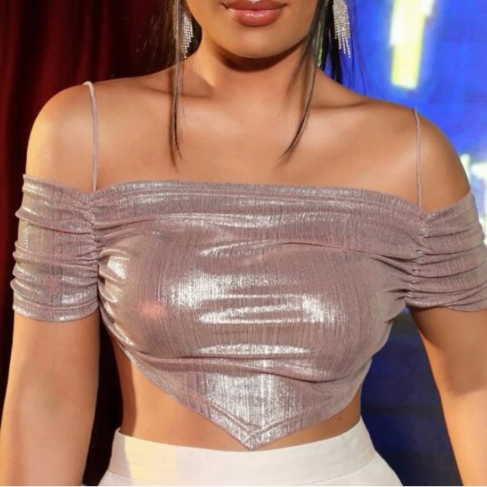 Pink metallic shiny off-the-shoulder tank top, size: S, new.